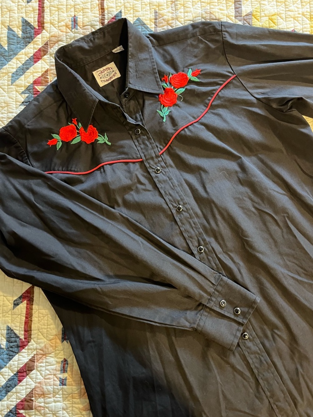 Country Charmers Black Buttondown with Rose Embroidery